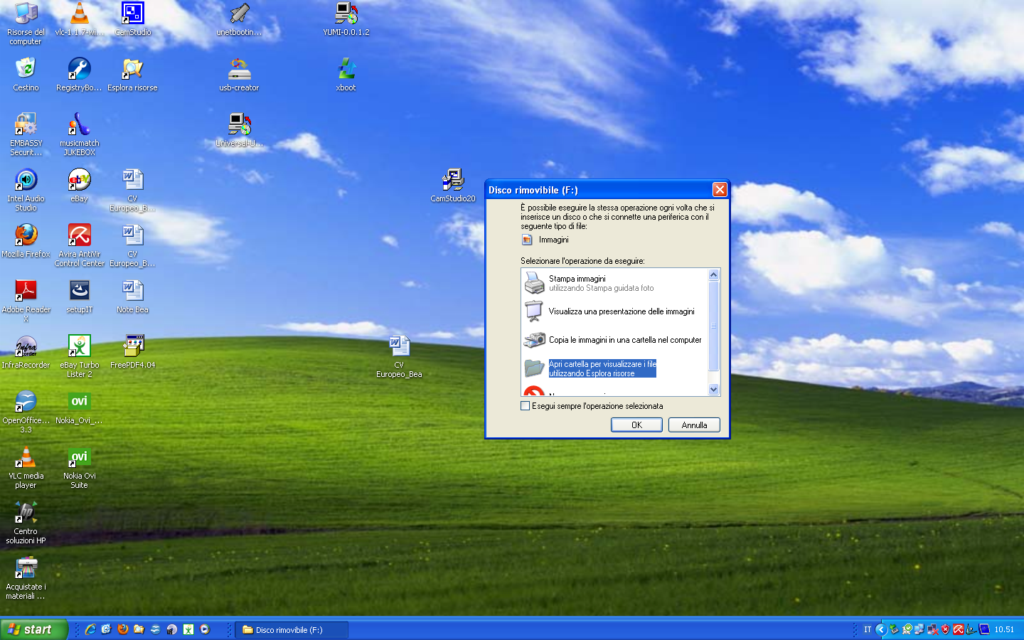 Inserimento e rimozione della chiavetta con WindowsXP Appena il sistema WinXP identifica la chiavetta, vi chiede cosa volete fare, se stampare qaulche cosa, visualizzare eventuali