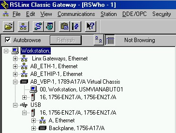 Comunicazione USB Capitolo 5 5. Nel software RSLinx Classic, dal menu Communications scegliere RSWho. Viene visualizzato RSLinx Workstation organizer.