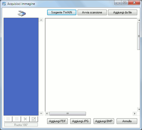 Da questa finestra si possono scannerizzare i documenti da associare al cliente e salvarli come immagini (BMP o JPG) o come PDF.