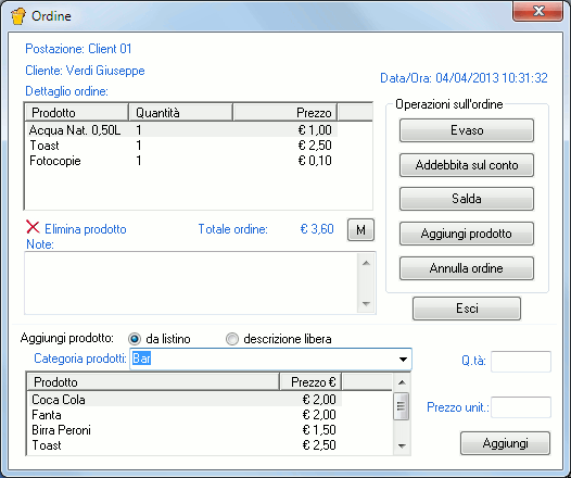 Facendo doppio clic su un ordine compare il dettaglio dell ordine con la lista dei prodotti ordinati dal cliente e il costo con la possibilità di aggiungerne degli altri o eliminarli, modificare l