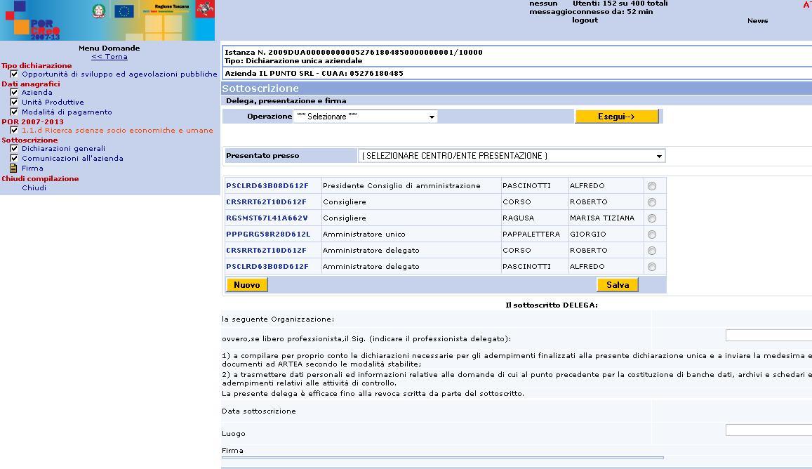 Fig.33 - Menù a tendina con l'individuazione dell'ente di presentazione della domanda e flag per la selezione dei soggetti titolari dell'account o della smart card.