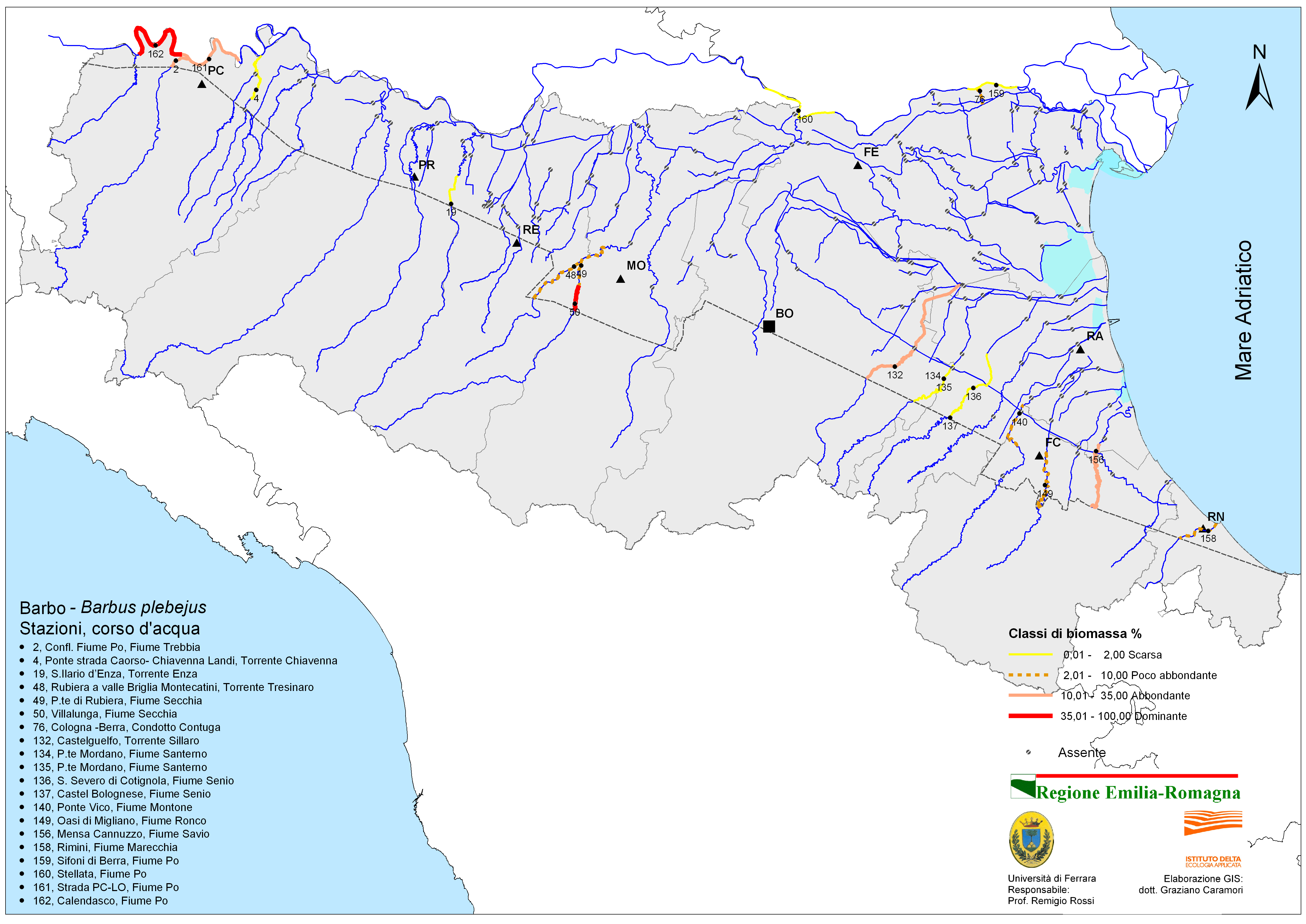 Figura 4: distribuzione e abbondanza del barbo comune nelle zone B della Regione