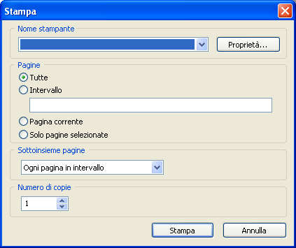 Generazione di file Finestra di dialogo Stampa Specificare le impostazioni di stampa per il progetto da stampare direttamente con una