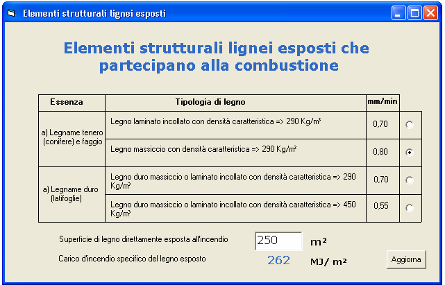 In questa maschera è necessario selezionare una delle quattro opzioni disponibili relative alla velocità di carbonizzazione degli elementi lignei, in relazione alle varie specie legnose, la tipologia