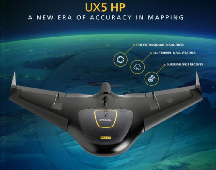 Trimble UX5 HP Specifiche New Peso: 2.9 kg Larghezza ali: 100 cm Tipo lancio : catapulta Velocità di crociera: 80 km/h Durata (tempo di volo): 40 min Altezza volo (AGL): 75-750 m GSD: 1.