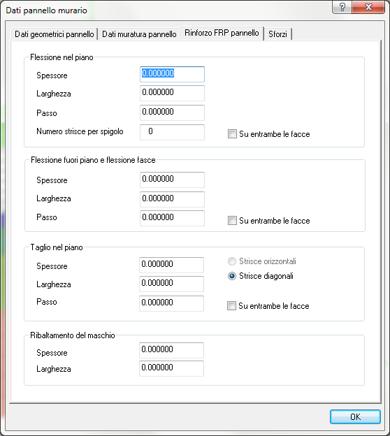 Rinforzo FRP pannello Il menu Rinforzo FRP pannello è presente solo se si dispone anche dell'ambiente FiBrePower, e permette di inserire le quantità e modalità degli eventuali rinforzi con fibre di