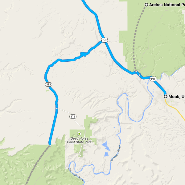 256 km/2 h 39 min Parco nazionale delle Canyonlands Utah, Stati Uniti 30. Procedi in direzione nord da Grand View Point Rd/Island in the Sky Rd verso Mineral Canyon 7,3 km 31.