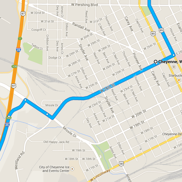 Cheyenne, Wyoming Stati Uniti Procedi in direzione nordest da W 24th St verso Capitol Ave 230 m/34 s Prendi US-85 N in direzione di WY-151 E a Goshen County 84,6 km/49 min 56.