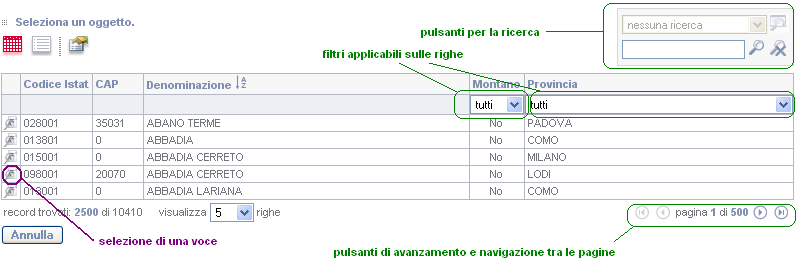 Maschere di ricerca dei campi con lente Cliccando sulla lente dei campi di ricerca, si aprirà una maschera come quella che segue, dalla quale è possibile ricercare, filtrare l elenco, spostarsi tra