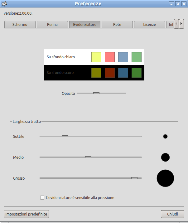 Permette di modificare i colori della penna in funzione dello sfondo utilizzato (chiaro o scuro): al posto dei quattro colori di base, facendoci clic sopra, l utente può scegliere il colore tra