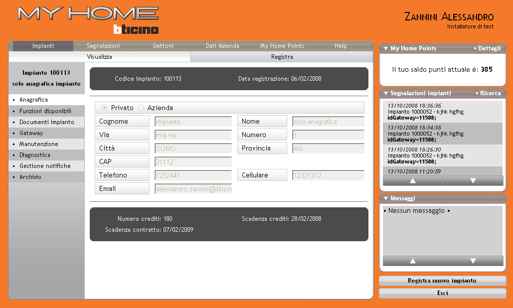 My Home Web - Area Professionisti 26 6 Gestione Impianti Registrati 6.