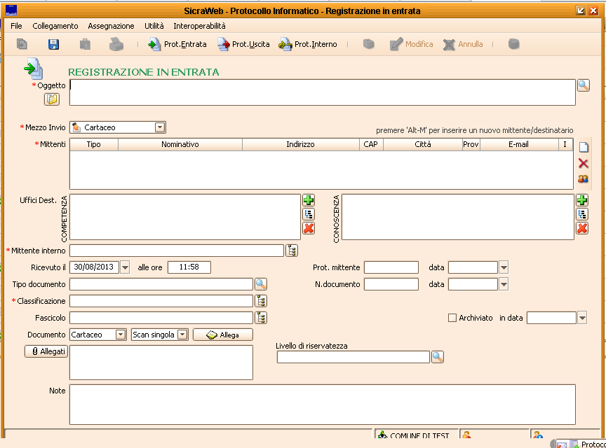 Protocollazione in Entrata Per registrare un protocollo in ingresso selezionare il menu a tendina Protocollo -> Nuova Registrazione -> Registrazione in Entrata.