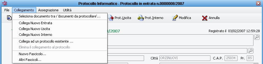 Barra dei Menu Completata la registrazione sulla barra dei menu sono disponibili le seguenti voci: Menu File Esci: permette di chiudere la maschera del protocollo visualizzato ed equivale a cliccare