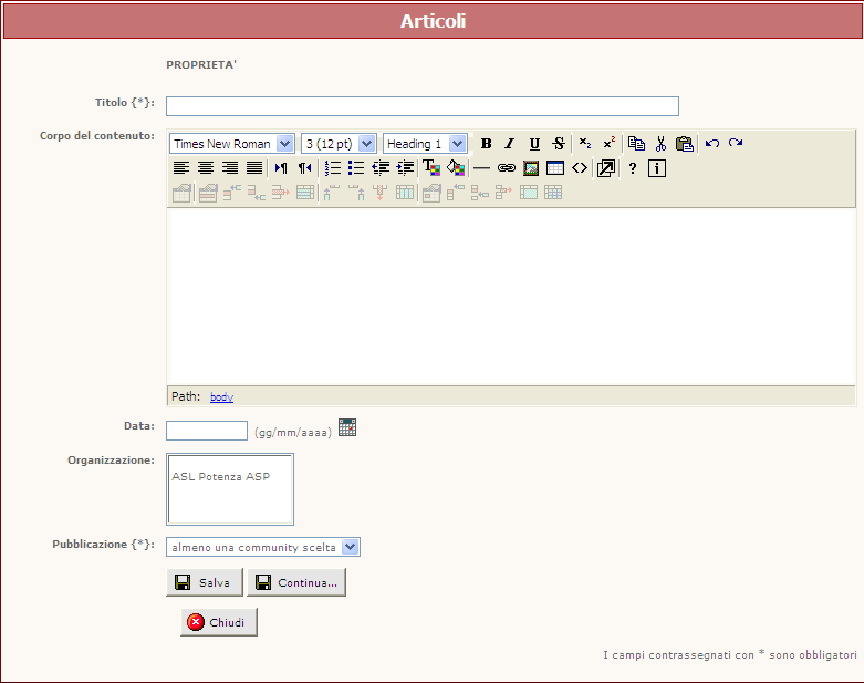 Figura 9 Nuovo contenuto In questa maschera è possibile inserire tutte le informazioni di primo livello relative al contenuto. Per l utilizzo dell editor di testo fare riferimento al 4.3.