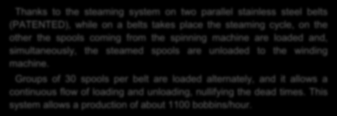 Si vengono così a formare gruppi di 30 spole per nastro che, funzionando alternativamente, consentono un flusso pressoché continuo di carico e scarico, annullando i tempi morti.