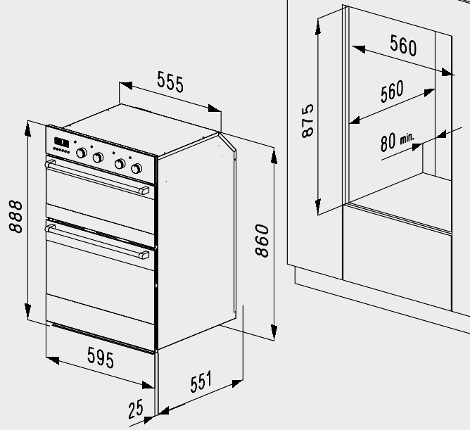 Per l apertura nel mobile seguire le rispettive dimensioni del tipo di forno acquistato, indicate in fig.01 per FI 60 FI NB60, fig.02 per FI-65BB fig. 03 per FI 70, fig.04 per FI MA fig.