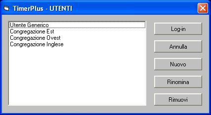 Utenti La funzione è disponibile alla voce di Menù [Strumenti/Utenti]. Al primo avvio del programma, dopo l'installazione, viene caricato automaticamente l'utente chiamato Utente Generico.