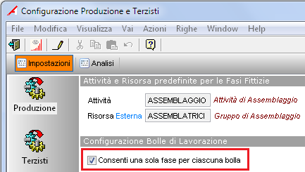 9.2 Configurazione Durante la fase di aggiornamento, sarà modificata la Configurazione della Produzione, impostando il flag Consenti una sola fase per ciascuna bolla solamente se non e- sistono bolle