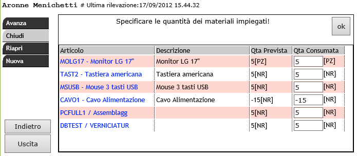 10.2.2 Modifica dei materiali consumati da Rileva Supponiamo che la fase su cui vogliamo effettuare la rilevazione sia la seguente: 337 Imballaggio - BO 7 del 22-02-2012.