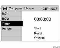 110 Strumenti e comandi Cronometro Selezionare la voce di menu Timer, dal menu Computer di bordo. Il menu Timer viene visualizzato. Per avviare, selezionare la voce di menu Start.