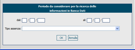 La ricerca dei dati è avviata specificando nella finestra Periodo da considerare per la ricerca delle informazioni in Banca Dati il periodo di riferimento nei campi Dal e Al ed il Tipo assenza da cui