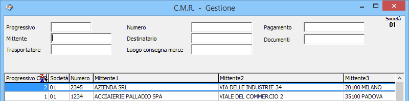 Pagina 12 di 32 Ricerca dei CMR Nella finestra di gestione dei CMR ci sono anche le caselle di ricerca. In ogni casella è possibile inserire la parte iniziale del testo da cercare.