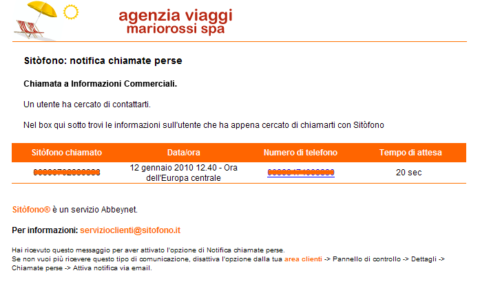 2.3.2. Notifica delle Voicemail Client di comunicazione E-mail con allegata la registrazione del messaggio audio registrato dall utente. L indirizzo a cui inviarla si imposta nell area riservata.