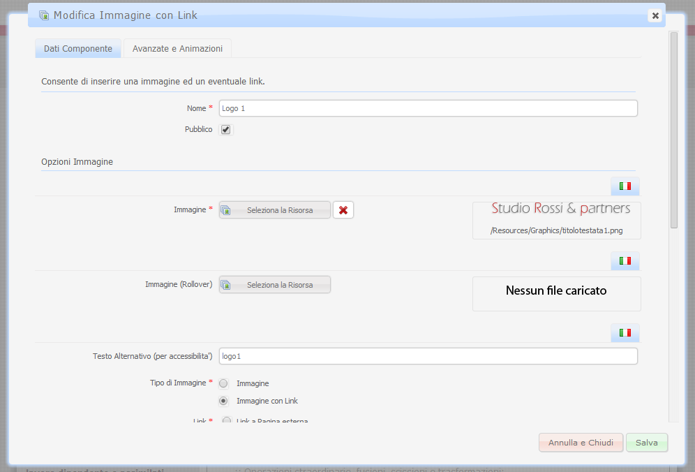 suddivisa in varie sezioni. All interno della sezione Dati Componente sarà poi possibile inserire il contenuto e settare i principali parametri di configurazione del componente.