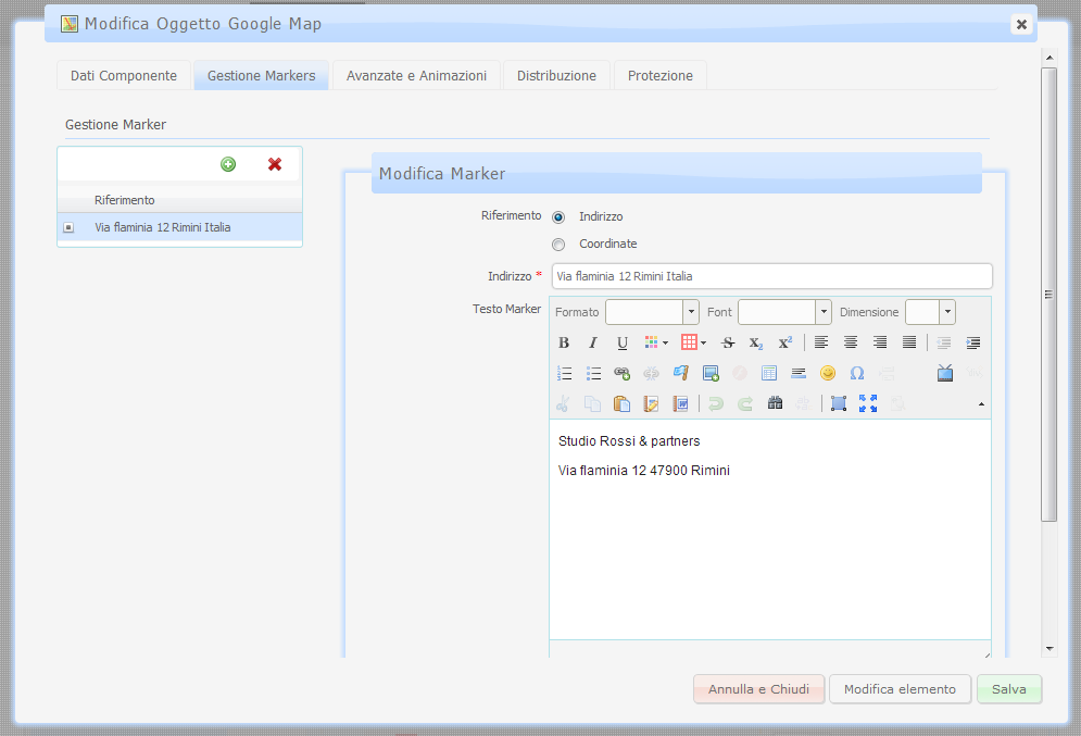 La sezione Gestione Marker, consente invece di specificare le caratteristiche, e ovviamente i relativi indirizzi, in relazione ai quali posizionare i vari Marker all interno della Google Map.