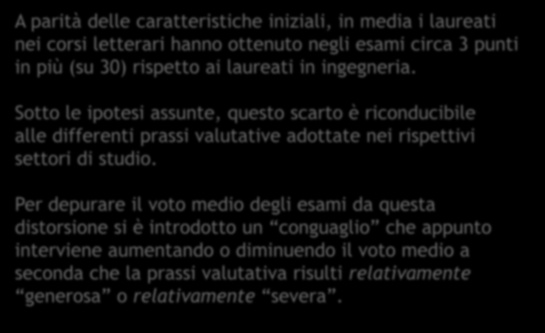 L e LMCU Il voto medio negli esami A parità delle caratteristiche iniziali, in media i laureati nei corsi letterari hanno ottenuto negli esami circa 3 punti in più (su 30) rispetto ai laureati in