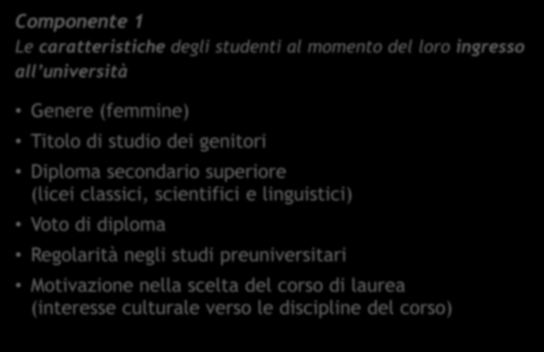 L e LMCU Il voto medio negli esami Componente 1 Le caratteristiche degli studenti al momento del loro ingresso all università Genere (femmine) Titolo di studio dei genitori Diploma secondario