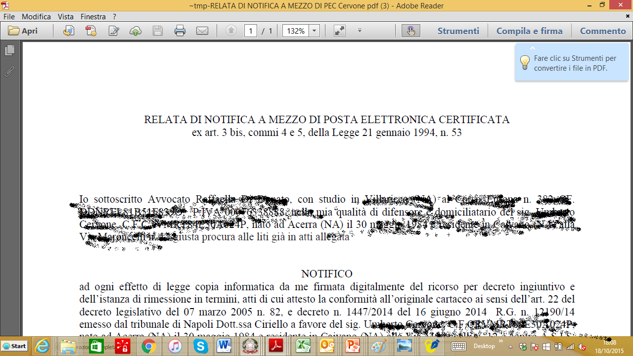 Nell esempio di cui all immagine che precede, l avvocato notificante ha allegato al messaggio PEC tutti documenti sottoscritti con firma digitale CAdES come riconoscibile dall estensione.p7m.