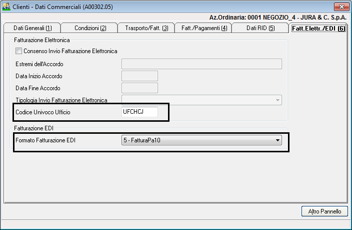 Nel box di selezione Formato Fatturazione EDI è stato aggiunta la scelta 5 FatturaPa10.