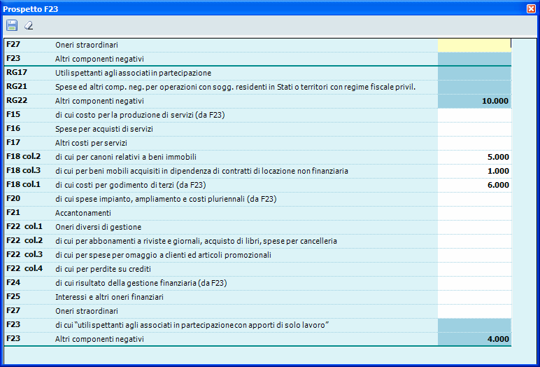 Cliccando sul tasto collocato accanto al campo F23 Altri componenti negativi il programma apre il Prospetto F23 simile al seguente.