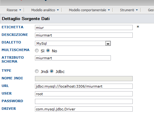 Registrazione sorgente dati del DataMart In spagobi è necessario registrare il DataMart. Dal menù Risorse -> sorgenti dati.