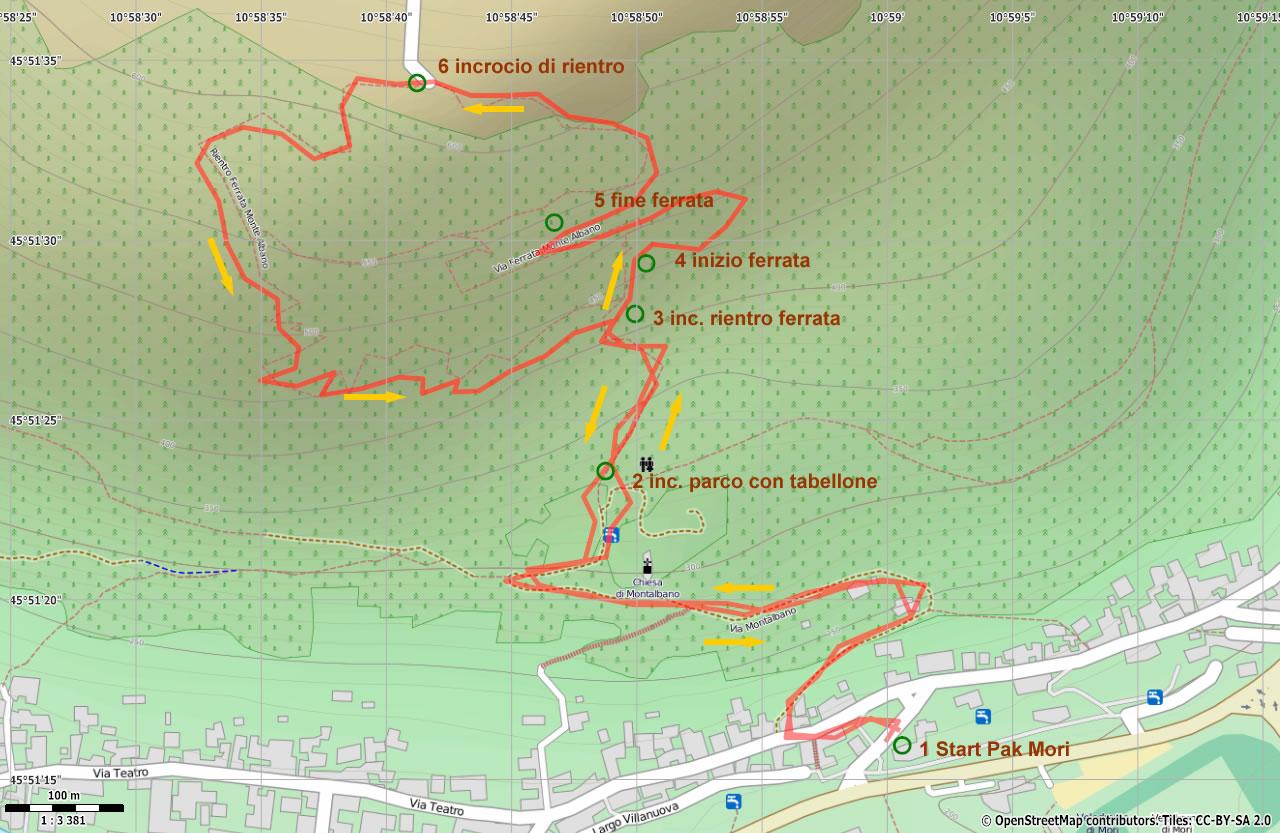 Descrizione del percorso: 1. Mori, parcheggiamo nella periferia nord del paese, proprio sotto la stradina che sale al Santuario, saliamo fino al Santuario di Monte Albano. 2.