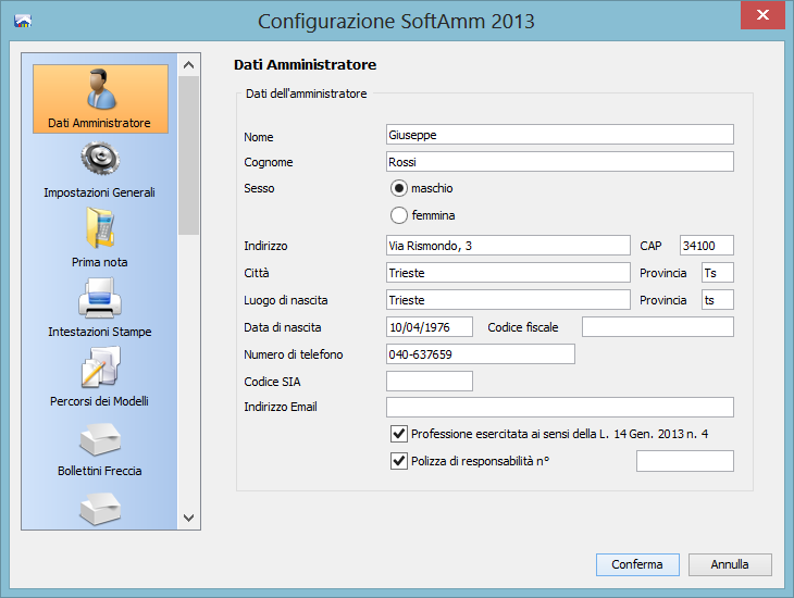 Configurazioni iniziali Dal menù principale accedere alla voce Strumenti > Personalizza. Inserire i dati dell amministratore ( nome, cognome, data di nascita, etc ).