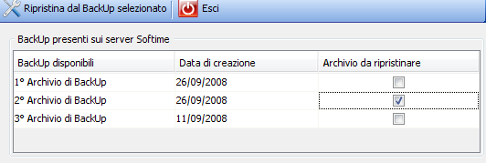 Cliccando sul pulsante [ripristina BackUp] è possibile sostituire i dati presenti nel database con uno degli ultimi archivi trasmessi.