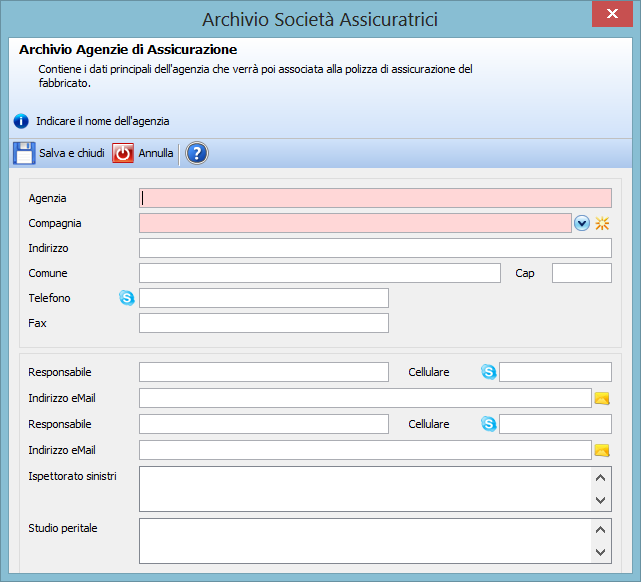 Archivio società assicuratrici Prima di indicare i dati della polizza dell assicurazione nella scheda del fabbricato, è necessario inserire nell archivio delle società assicuratrici il nominativo