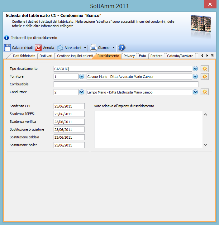Riscaldamento I dati generici riferiti al riscaldamento possono essere indicati nella scheda del fabbricato, sezione RISCALDAMENTO.