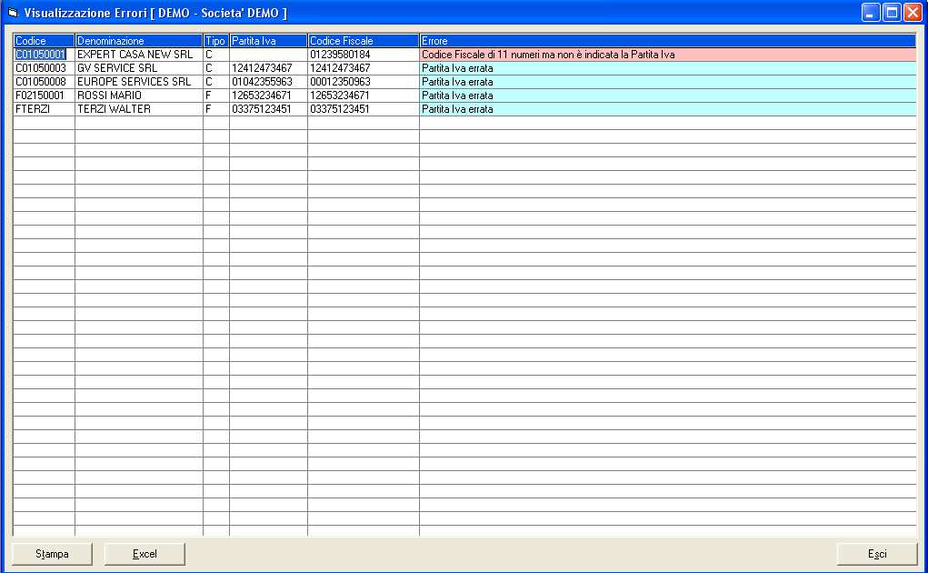 società : viene aperta una nuova maschera che elenca le anagrafiche non corrette con l indicazione dei tipi di errore, evidenziati con colori diversi: La grigli può essere stampata, premendo Stampa,