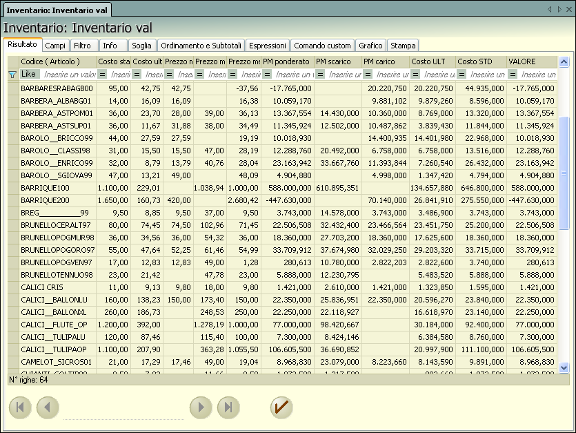 INVENTARIO VAL Il report restituisce la valorizzazione dell inventario tramite colonne