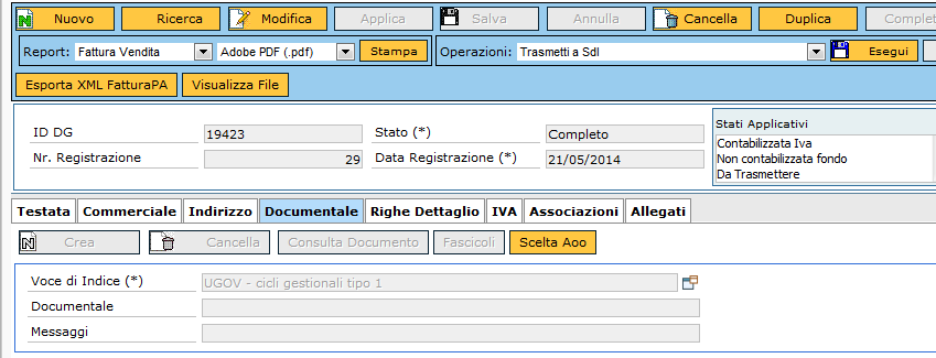 2. L'operatore inserisce la fattura (attiva) in U-GOV intestandola ad un soggetto su cui è inserito il codice indice PA (Codice Ufficio).