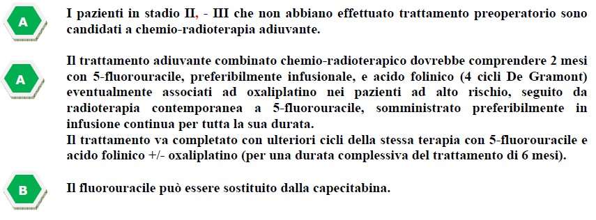 2) Carcinomi stadio II e III: radio-chemioterapia (neo\adiuvante) + chirurgia radioterapia+5-fu via PORT (neoadiuvante\adiuvante) (o in alternativa la capecitabina via CVP) e acido folinico aumentano