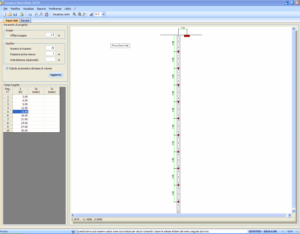 11 1.4 Output In questa sezione vengono riassunti tutti i dati elaborati. E' possibile scegliere il tipo di esame da effettuare tra le opzioni di calcolo con metodo diretto o con metodo intervallo.