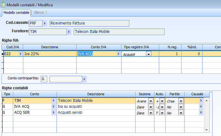 Per la gestione dell automatismo contabile in prima nota: Contabilità archivi contabilità modelli contabili Richiamare dall elenco i modelli di interesse e rettificare le voci iva: In caso di elenchi