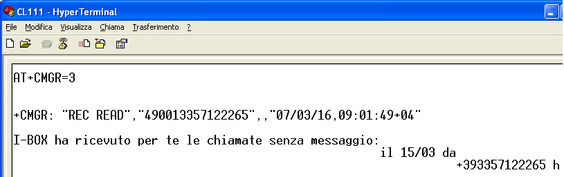 Si riporta in figura un esempio della finestra di HyperTerminal in cui sono stati inseriti i comandi citati L avvenuto invio del messaggio viene confermato da HyperTerminal con il messaggio OK.