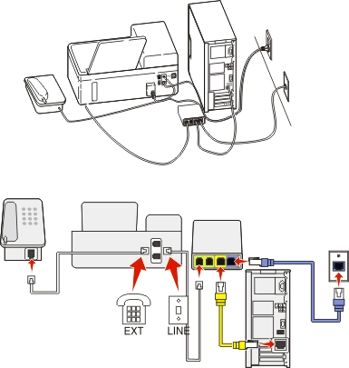 Funzione fax 69 Per installare un filtro per la stampante: 1 Collegare la porta della linea del filtro ADSL alla presa a muro.