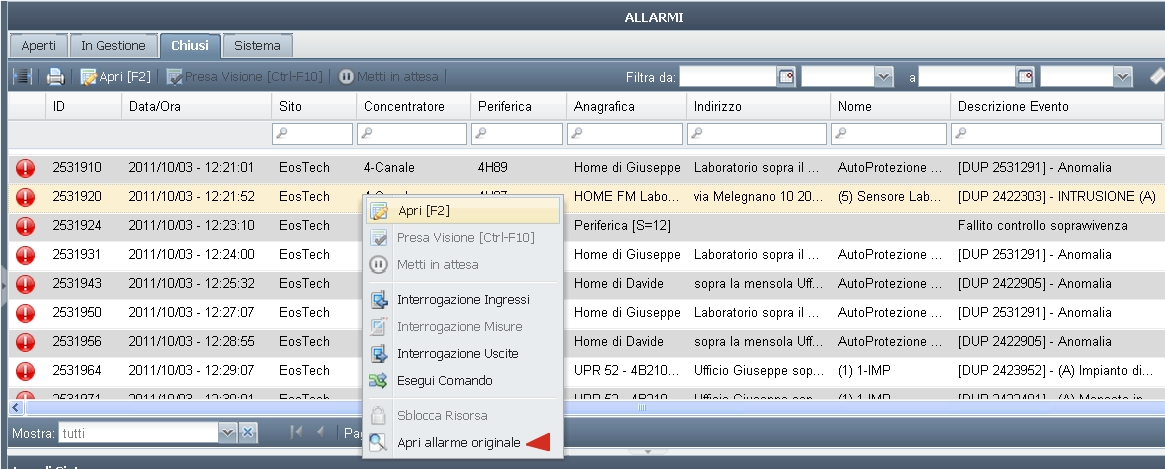 La finestra di log degli allarmi riporta sempre la lista degli eventi significativi delle ultime 24 ore: nella figura precedente è evidenziata la colonna < Dup> con il valore di ogni contatore.