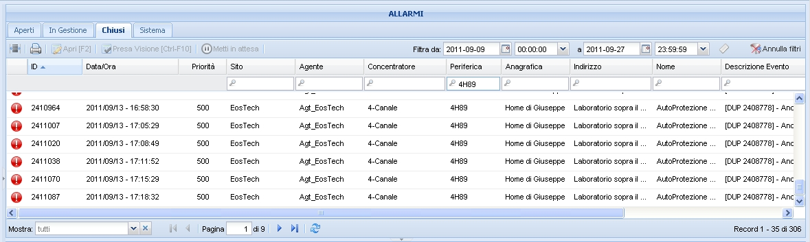 Se si vuole invece avere la lista completa degli allarmi di tipo duplicato che si sono presentati via via e che sono stati chiusi automaticamente, può sempre essere attivata una ricerca selettiva,